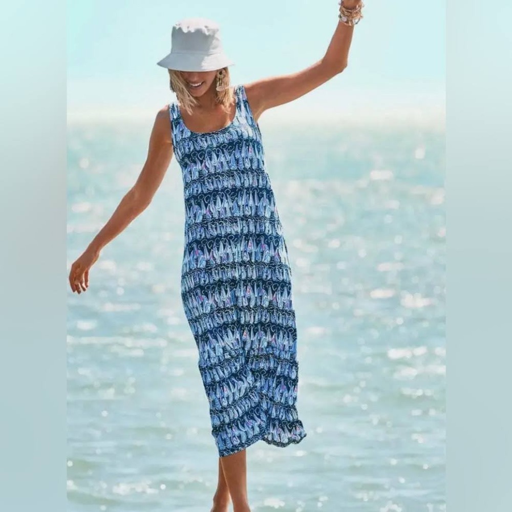 Lilly Pulitzer Smooth Sailing Pima Cotton Tiered Midi Tank Dress Blue Sailboat